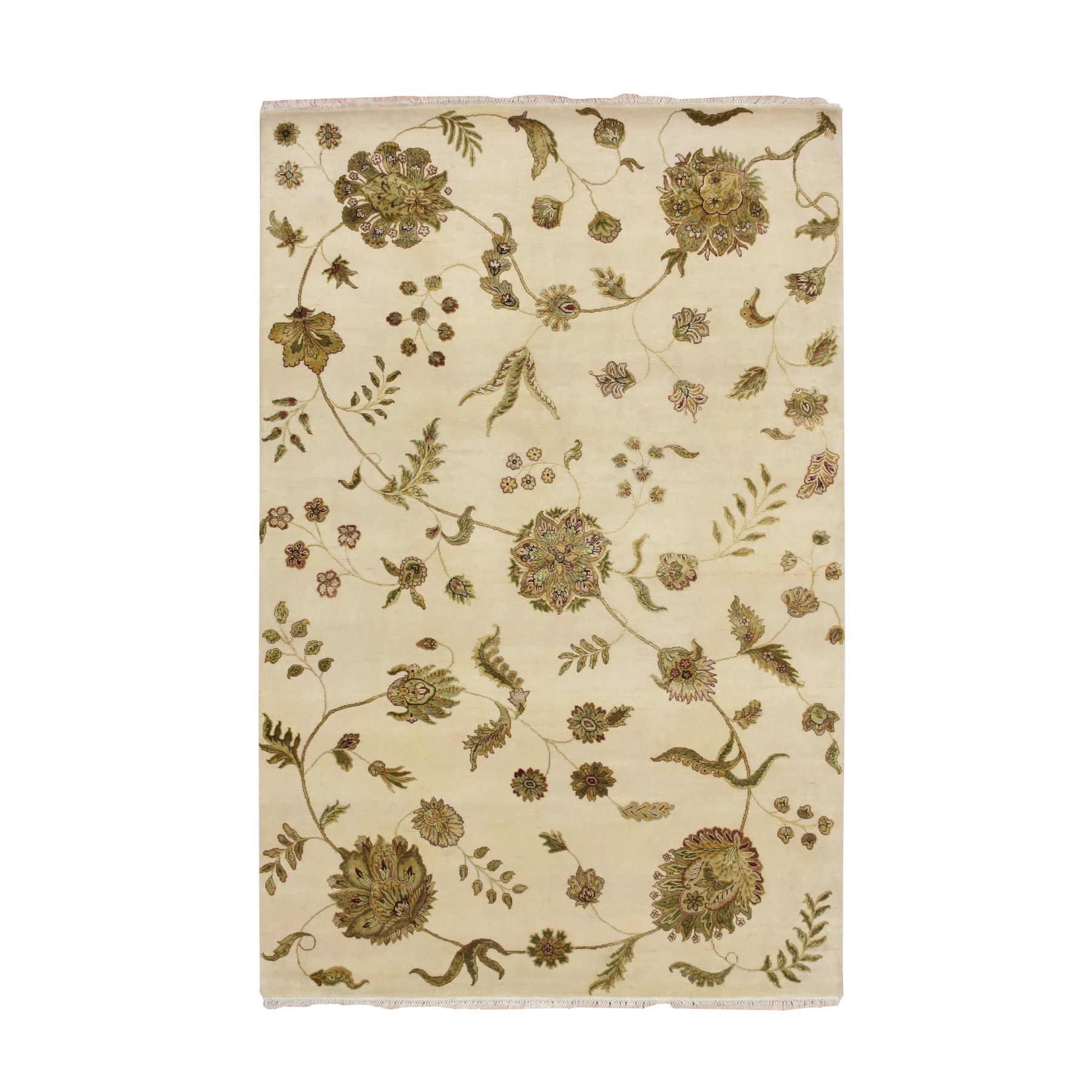 Bone White, Hand Knotted, Borderless Botanical Design, Half Wool and Half Silk, Densely Woven, Soft Pile, Oriental Rug